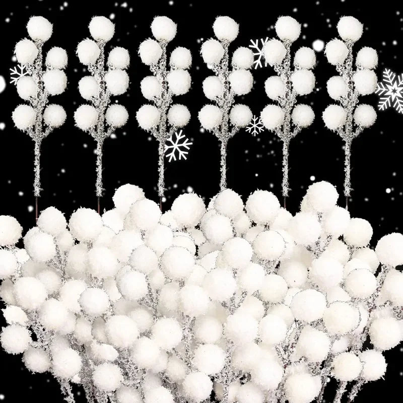 Snow-Tipped White Berry Branches – Artificial Christmas Stems for Wreaths & Décor (5/50PCS)