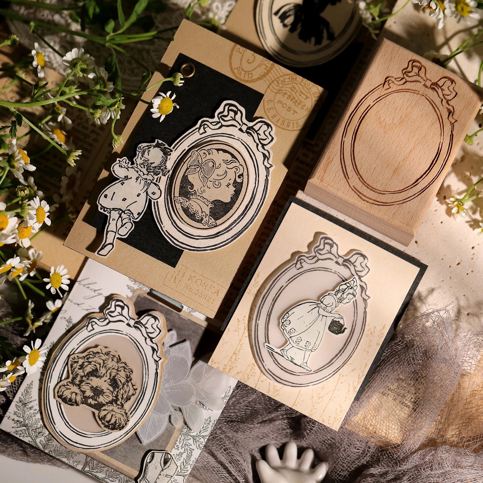 Vintage Flower & Bear Wooden Rubber Stamp – DIY Scrapbooking & Card Making