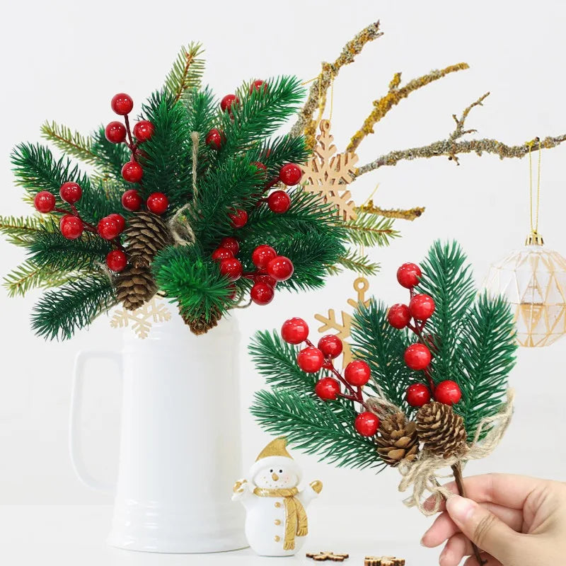 Christmas Pine & Red Berry Branches – Artificial Pine Needle Stems for DIY Wreaths & Décor (1/30PCS)
