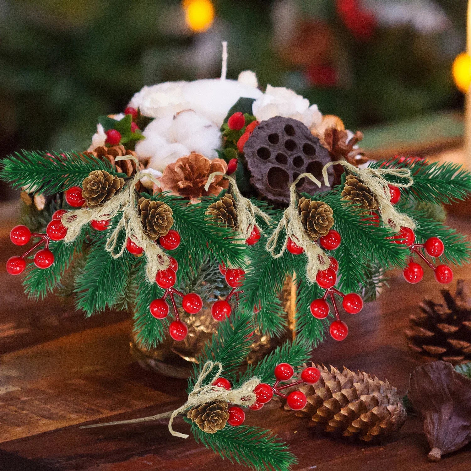 Christmas Pine & Red Berry Branches – Artificial Pine Needle Stems for DIY Wreaths & Décor (1/30PCS)