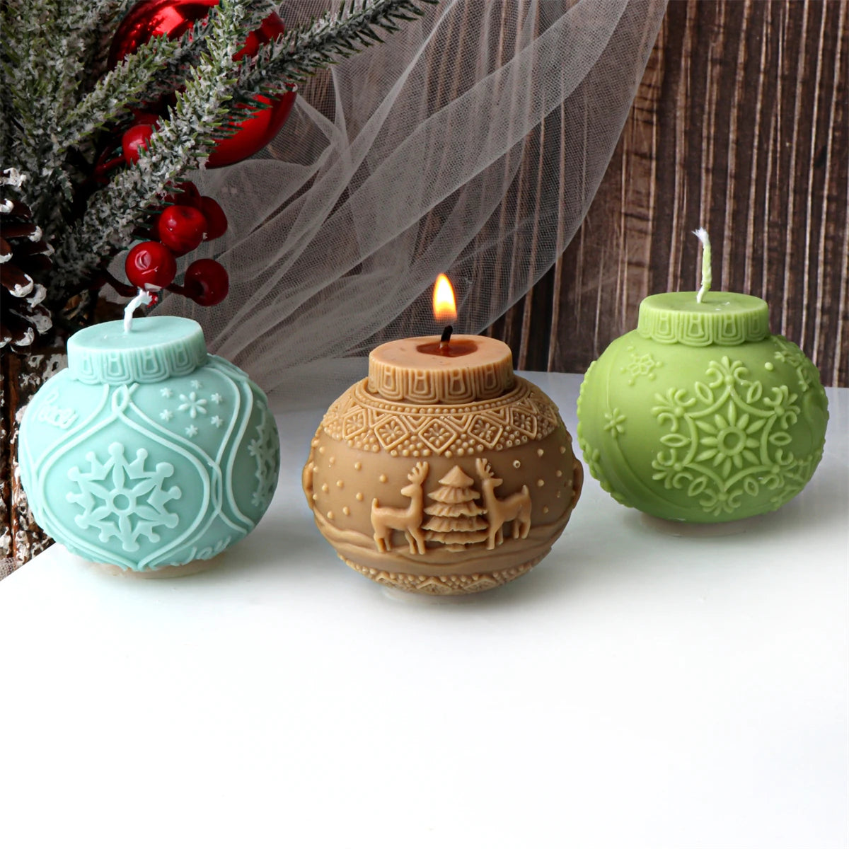 3D Christmas Ball Candle Mold – Silicone Embossed Lantern Mold for DIY Crafts