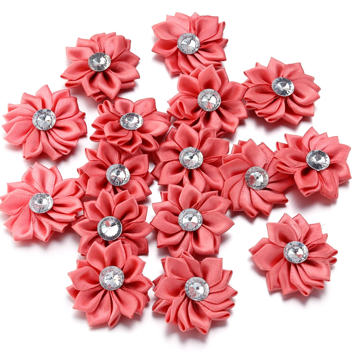 Mini Satin Ribbon Flowers with Rhinestones – 20pcs (40mm)
