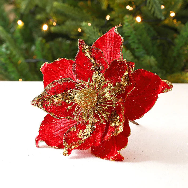 Large Glitter Velvet Christmas Flower – 26CM Artificial Ornament for Tree & Home Décor