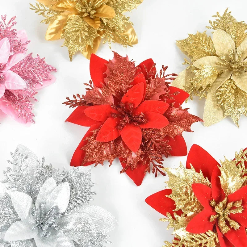 Glitter Poinsettia Flowers – 15CM Artificial Christmas Flower Ornaments (5/10PCS)