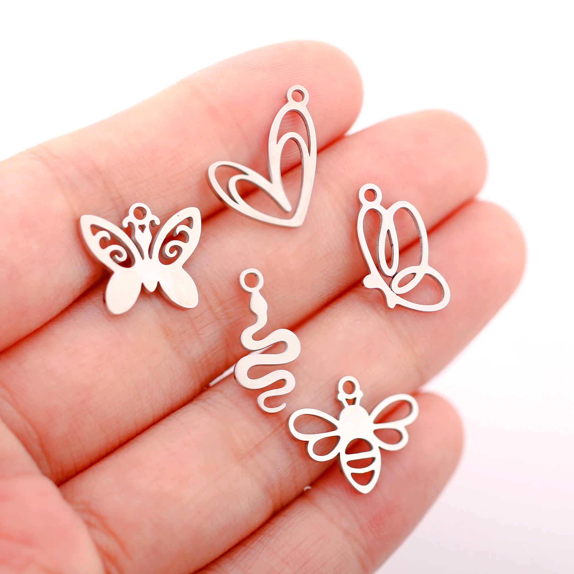 Mixed Animal Charms Set – Stainless Steel Bee, Butterfly, Owl & Heart Pendants (5PCS)