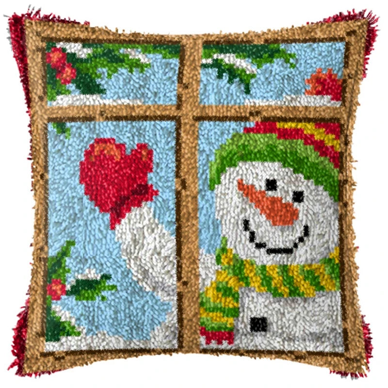 Snowman & Elk Latch Hook Kit – DIY Crochet Rug & Cushion Embroidery Set