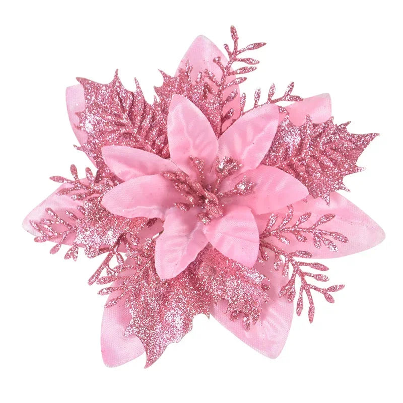 Glitter Poinsettia Flowers – 15CM Artificial Christmas Flower Ornaments (5/10PCS)
