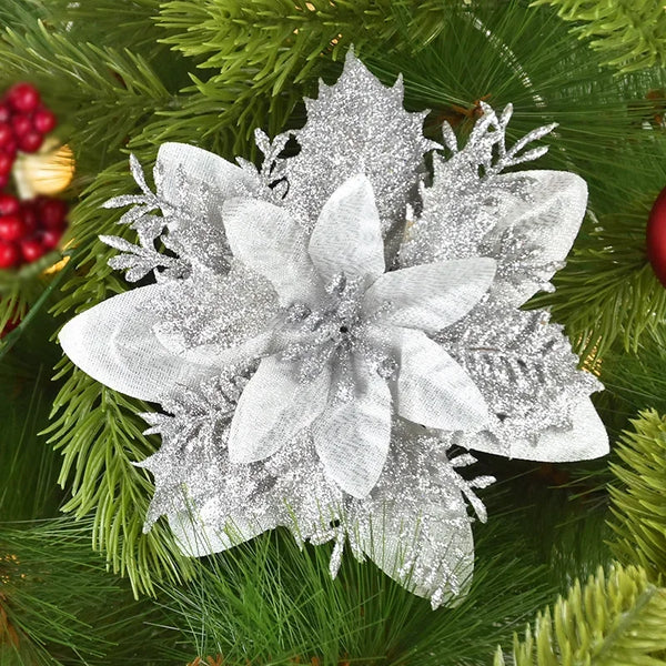 Glitter Poinsettia Flowers – 15CM Artificial Christmas Flower Ornaments (5/10PCS)