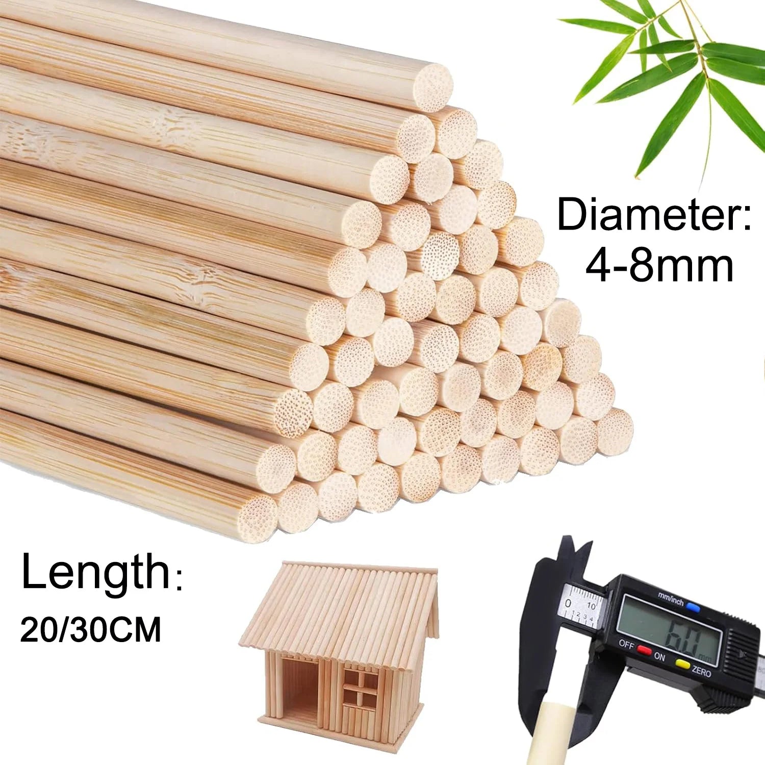 4–8mm Round Bamboo Wooden Sticks – DIY Craft & Woodworking (20/30cm)