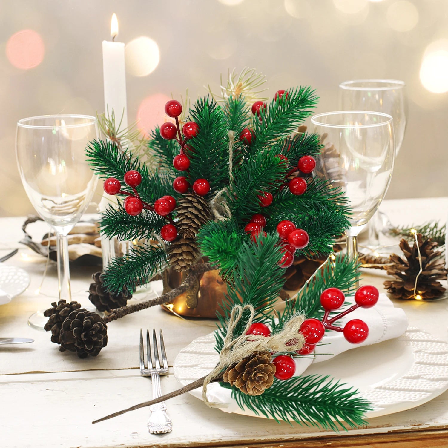 Christmas Pine & Red Berry Branches – Artificial Pine Needle Stems for DIY Wreaths & Décor (1/30PCS)