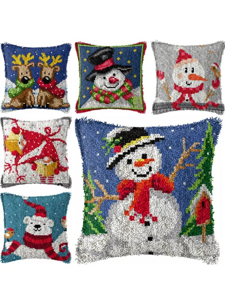 Snowman & Elk Latch Hook Kit – DIY Crochet Rug & Cushion Embroidery Set