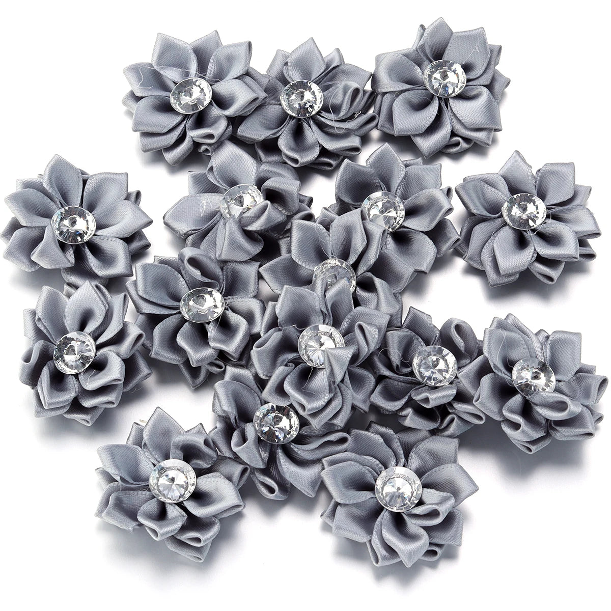 Mini Satin Ribbon Flowers with Rhinestones – 20pcs (40mm)