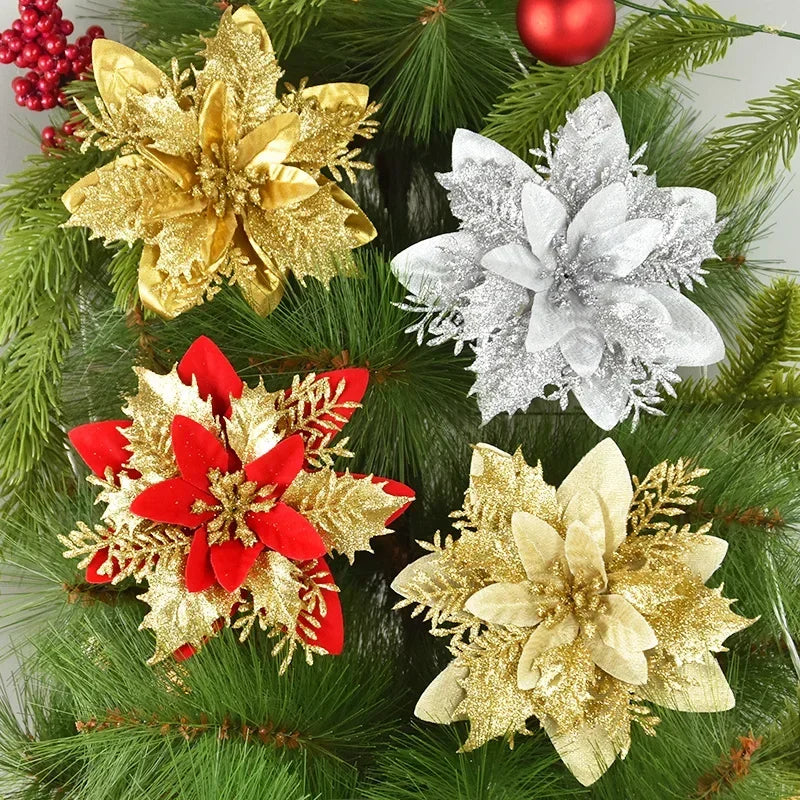 Glitter Poinsettia Flowers – 15CM Artificial Christmas Flower Ornaments (5/10PCS)