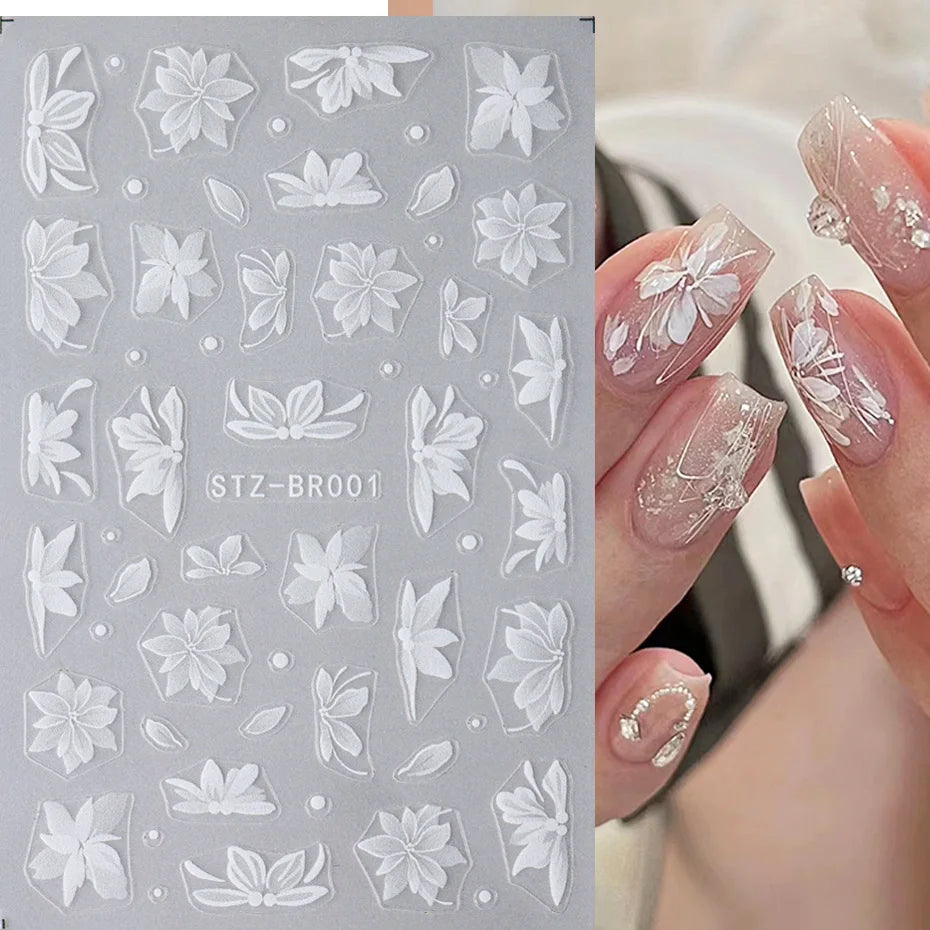 3D White Flower Nail Art Stickers – Cute Floral DIY Nail Decals