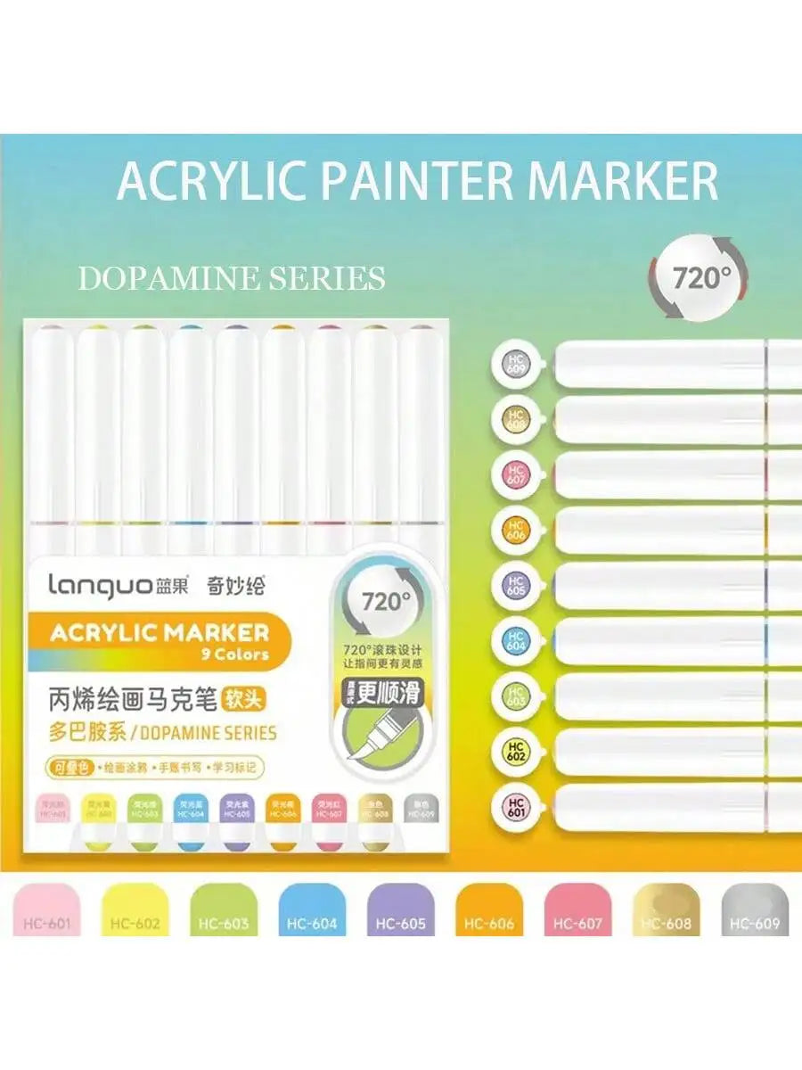 Acrylic Marker Pen Set – 9PCS Soft Brush DIY Paint Art Markers for Students
