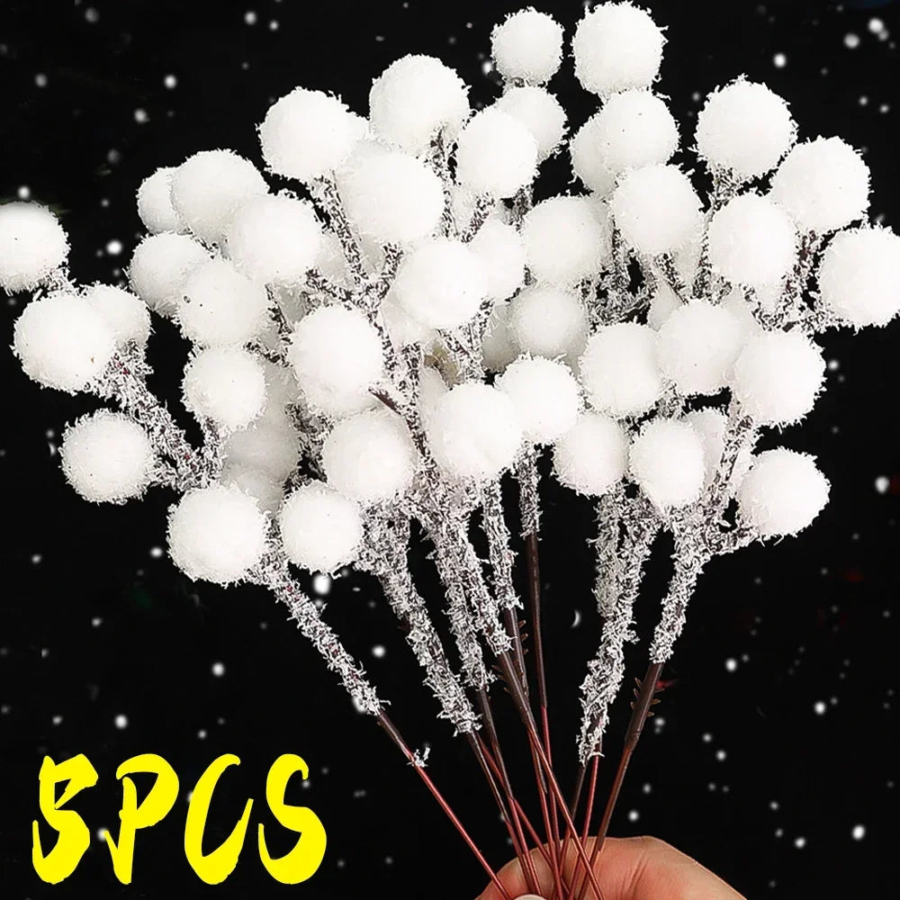 Snow-Tipped White Berry Branches – Artificial Christmas Stems for Wreaths & Décor (5/50PCS)