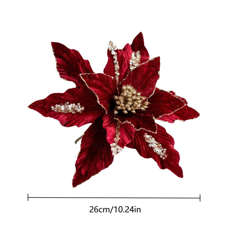Large Glitter Velvet Christmas Flower – 26CM Artificial Ornament for Tree & Home Décor