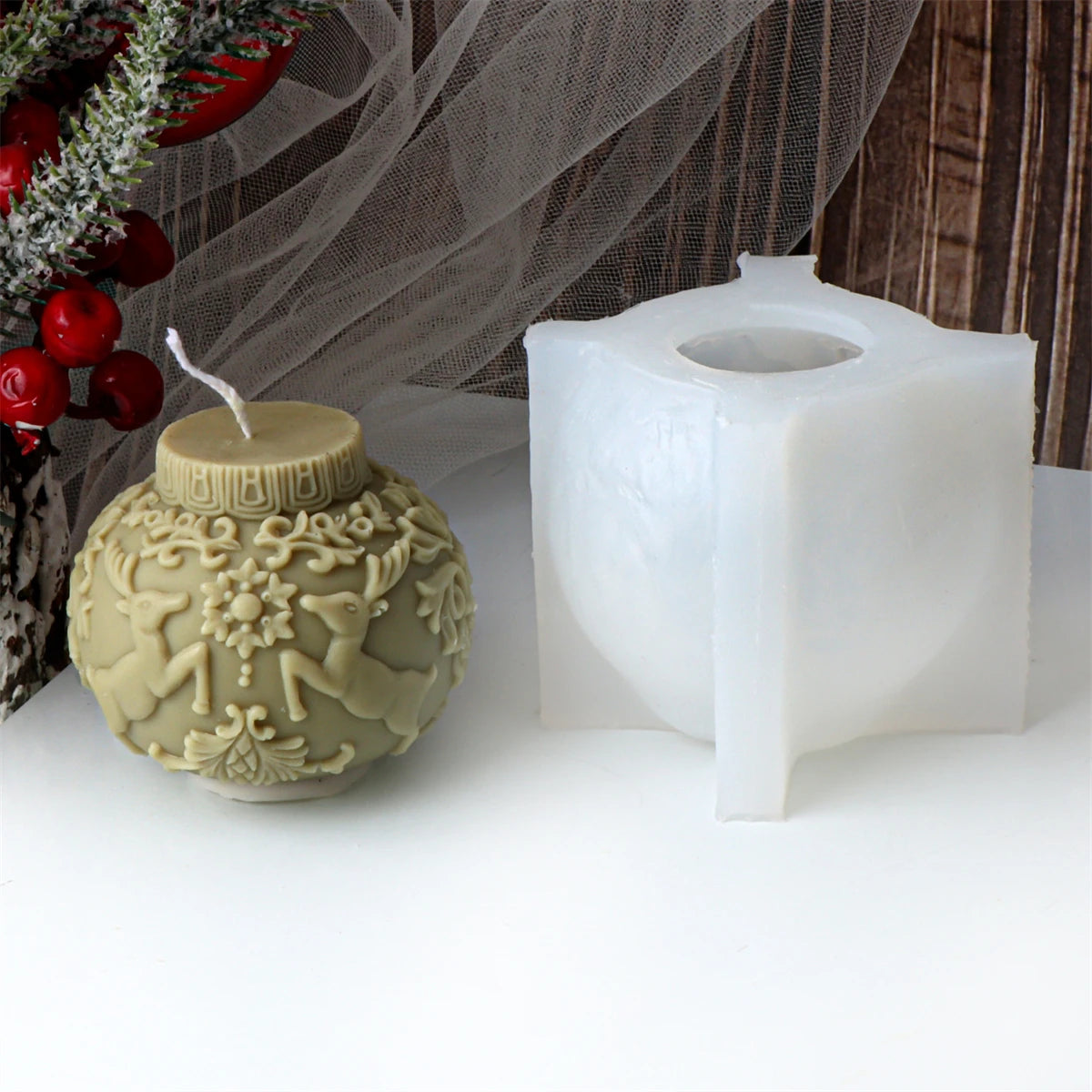 3D Christmas Ball Candle Mold – Silicone Embossed Lantern Mold for DIY Crafts