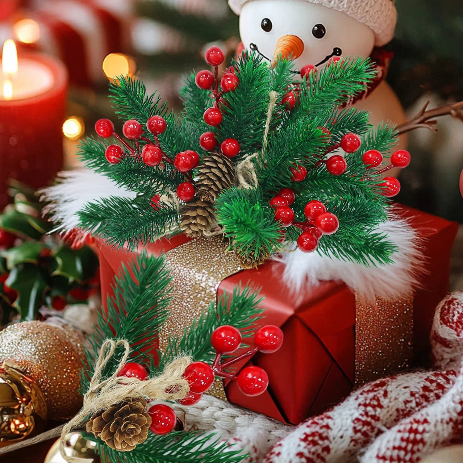 Christmas Pine & Red Berry Branches – Artificial Pine Needle Stems for DIY Wreaths & Décor (1/30PCS)