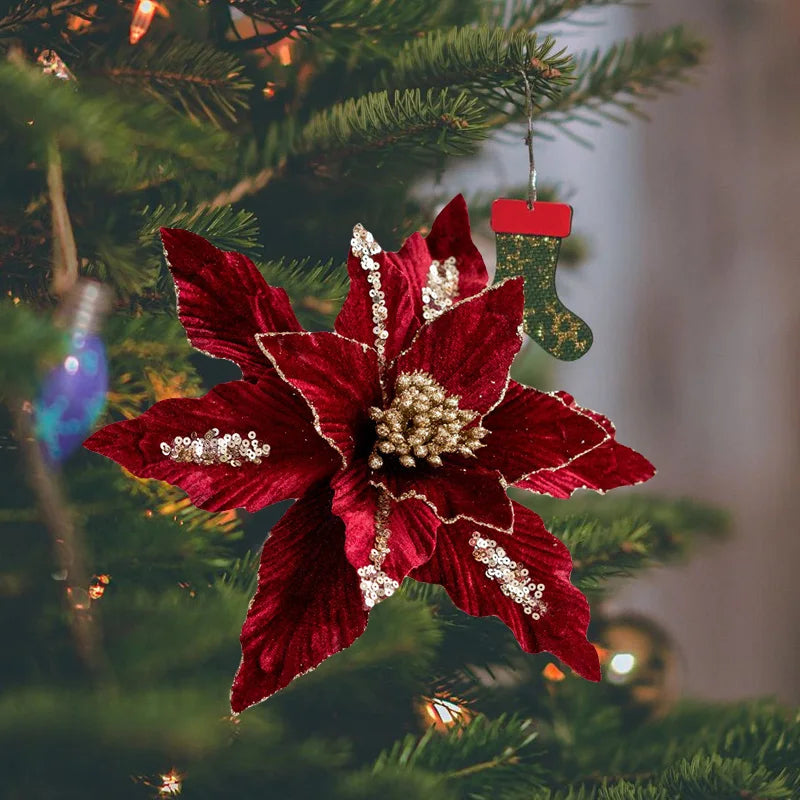 Large Glitter Velvet Christmas Flower – 26CM Artificial Ornament for Tree & Home Décor