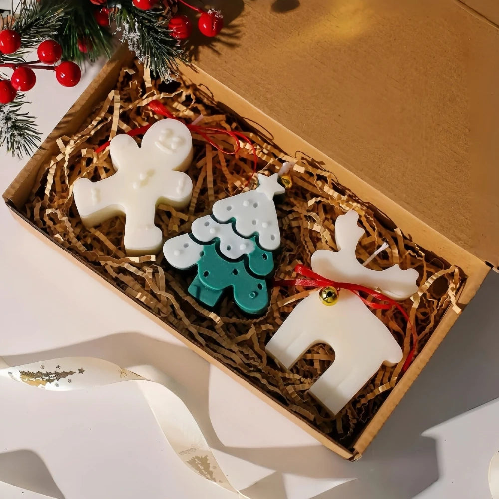🕯️ 3PCS Gingerbread Man, Elk, Pine & Snowflake Scented Candle Silicone Mold – DIY Winter Home Decor & Handmade Christmas Gifts