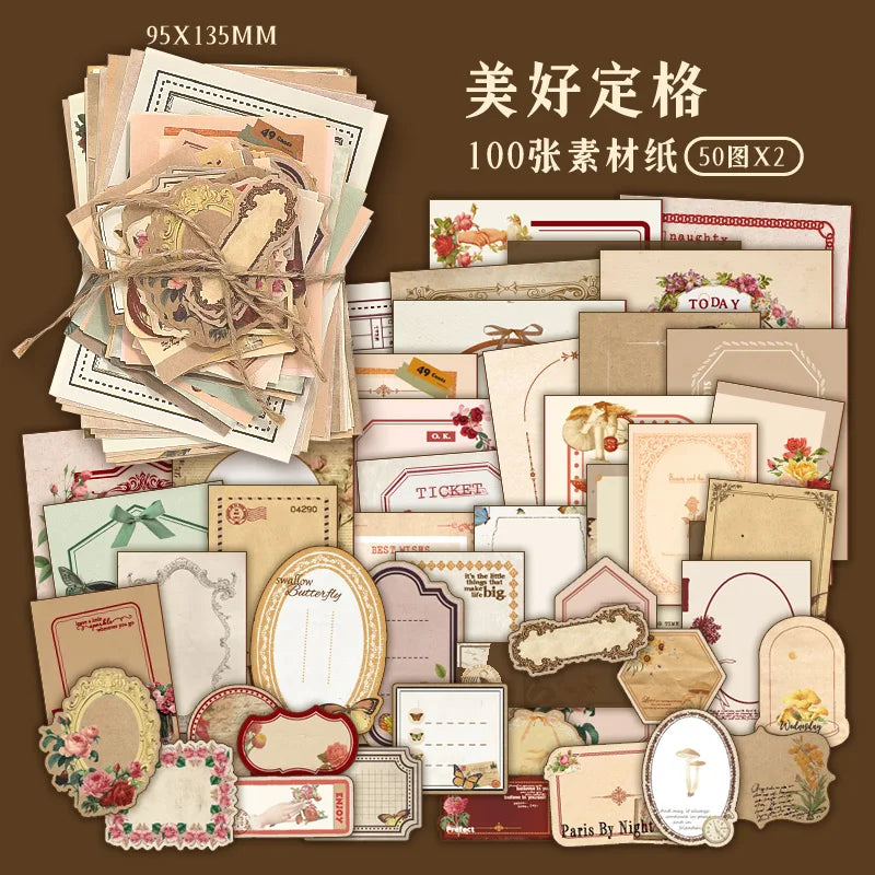100PCS Retro Scrapbook Paper Set – DIY Collage, Journal & Album Craft Materials