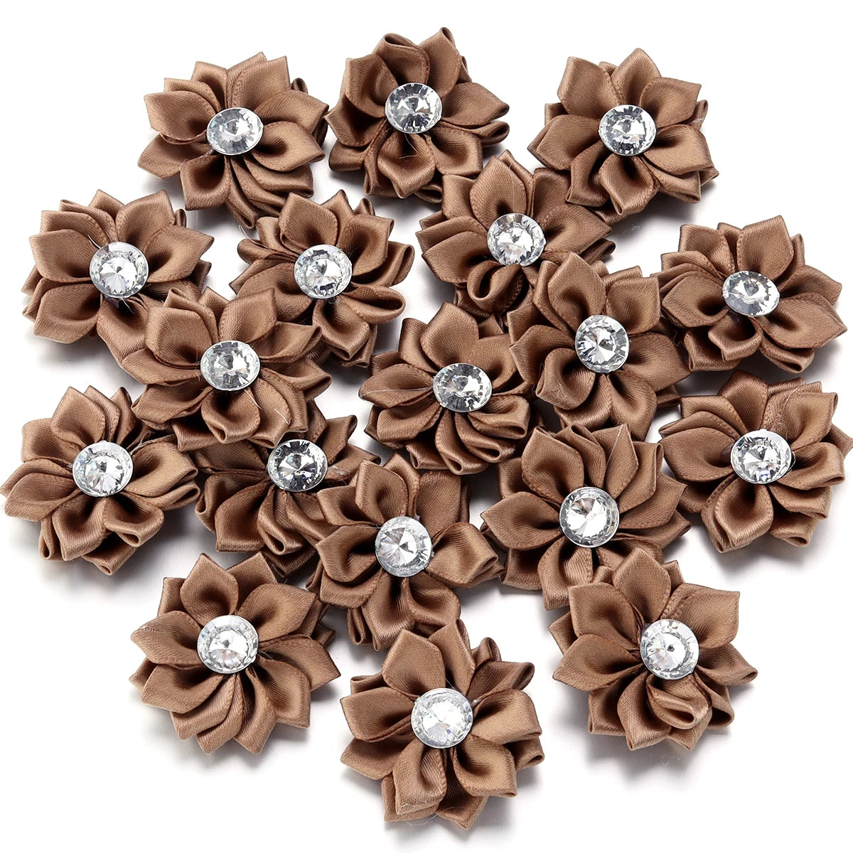 Mini Satin Ribbon Flowers with Rhinestones – 20pcs (40mm)
