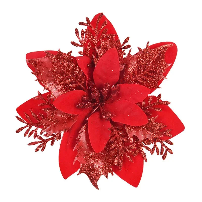 Glitter Poinsettia Flowers – 15CM Artificial Christmas Flower Ornaments (5/10PCS)