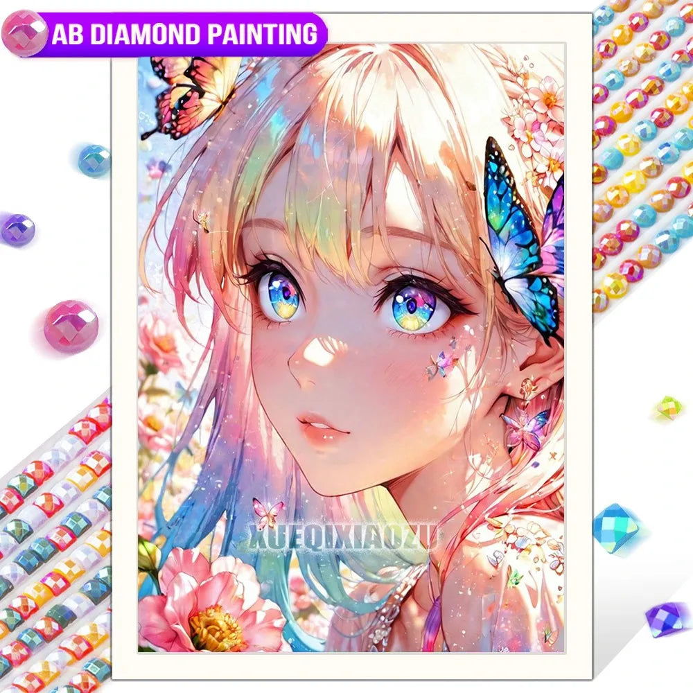 Anime Girl Diamond Painting Kit – AB Rhinestone Mosaic Embroidery Art DIY Craft
