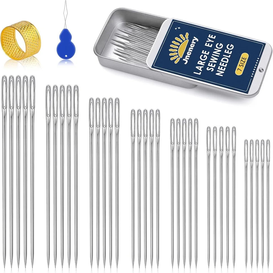 Large Eye Sewing Needles Kit – Hand Sewing Accessories Set with Threader & Thimble