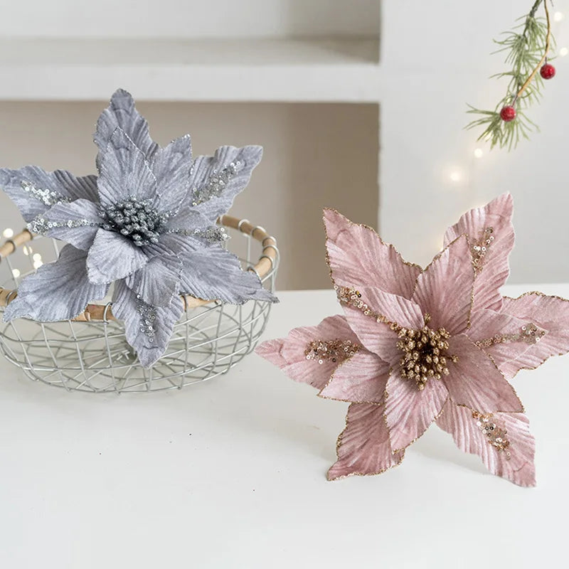 Large Glitter Velvet Christmas Flower – 26CM Artificial Ornament for Tree & Home Décor