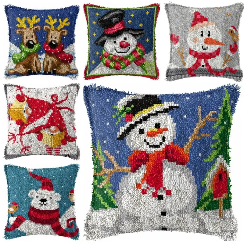 Snowman & Elk Latch Hook Kit – DIY Crochet Rug & Cushion Embroidery Set
