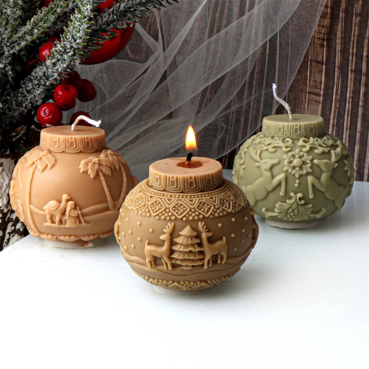 3D Christmas Ball Candle Mold – Silicone Embossed Lantern Mold for DIY Crafts