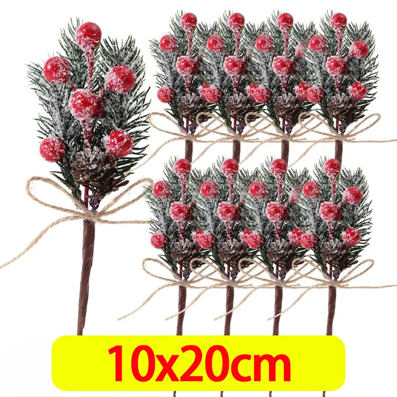 Christmas Pine & Red Berry Branches – Artificial Pine Needle Stems for DIY Wreaths & Décor (1/30PCS)
