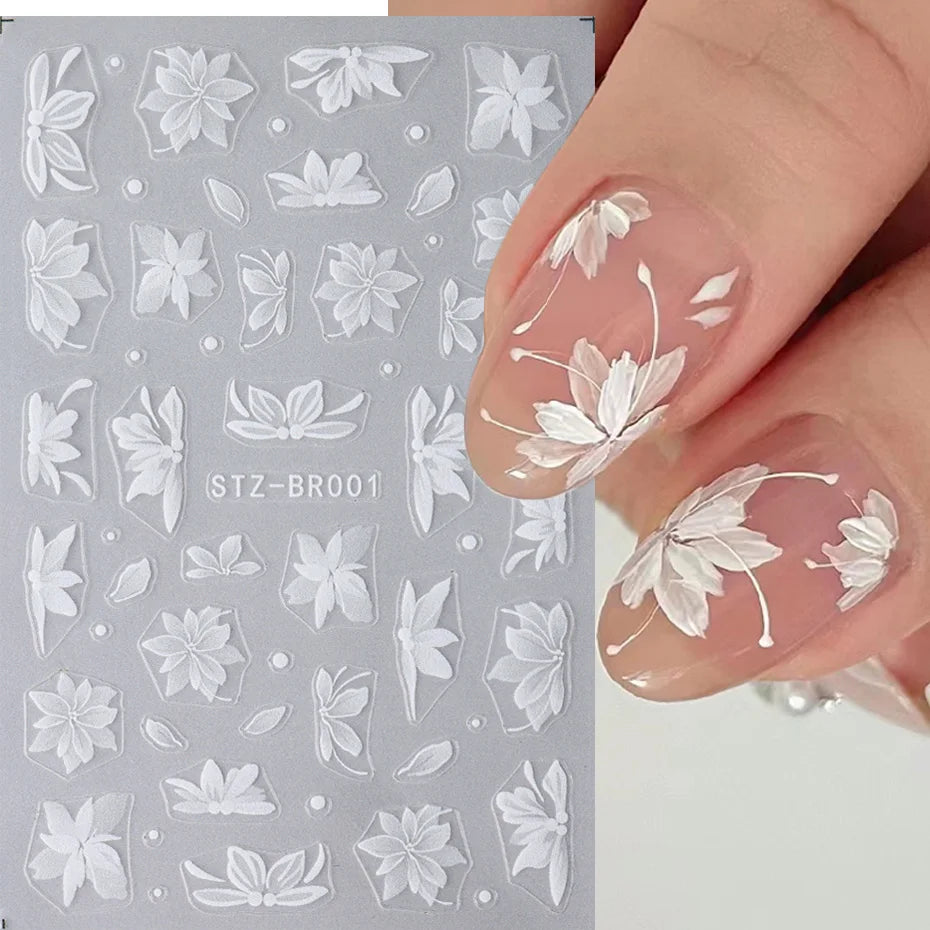 3D White Flower Nail Art Stickers – Cute Floral DIY Nail Decals