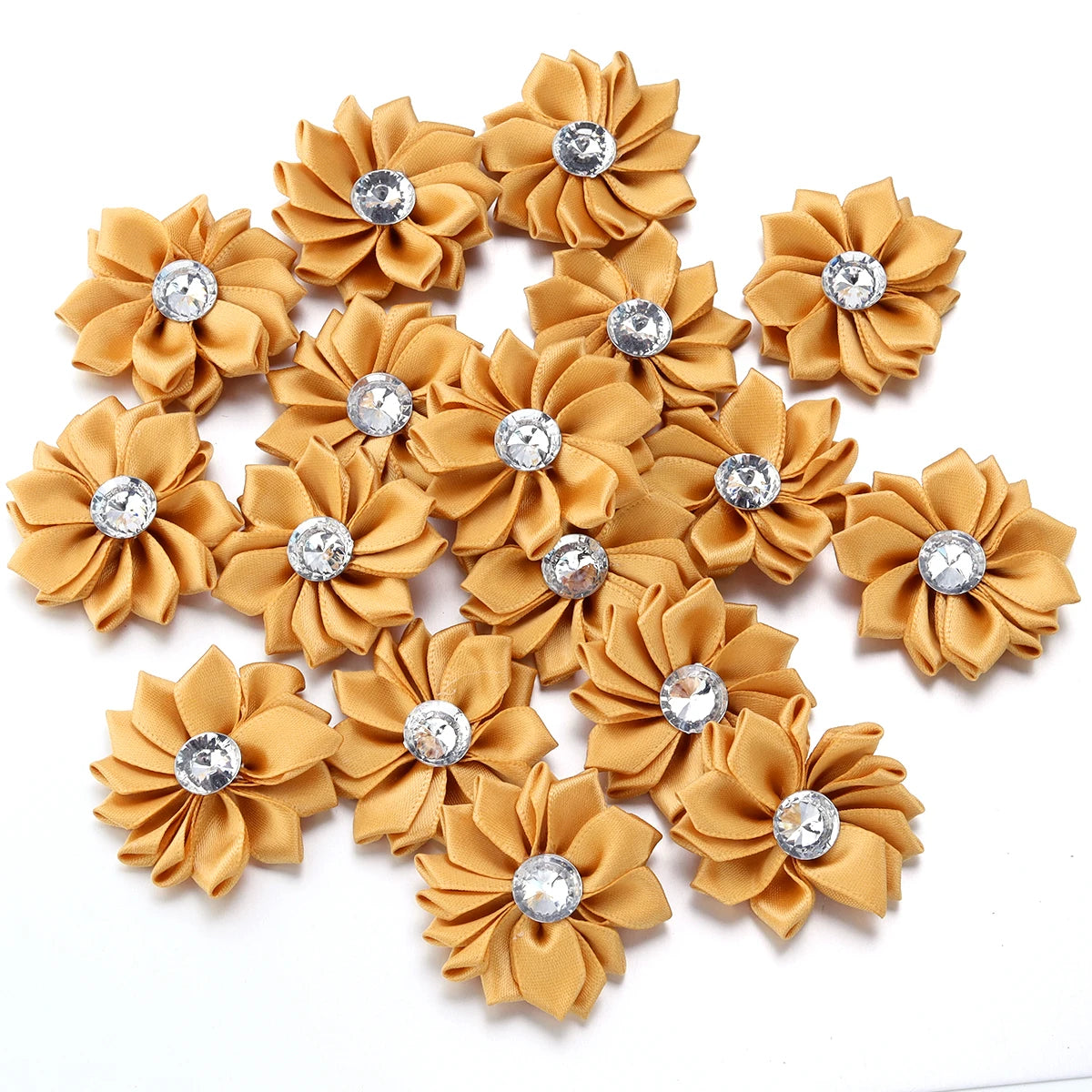 Mini Satin Ribbon Flowers with Rhinestones – 20pcs (40mm)