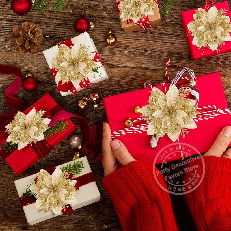 Glitter Poinsettia Flowers – 15CM Artificial Christmas Flower Ornaments (5/10PCS)