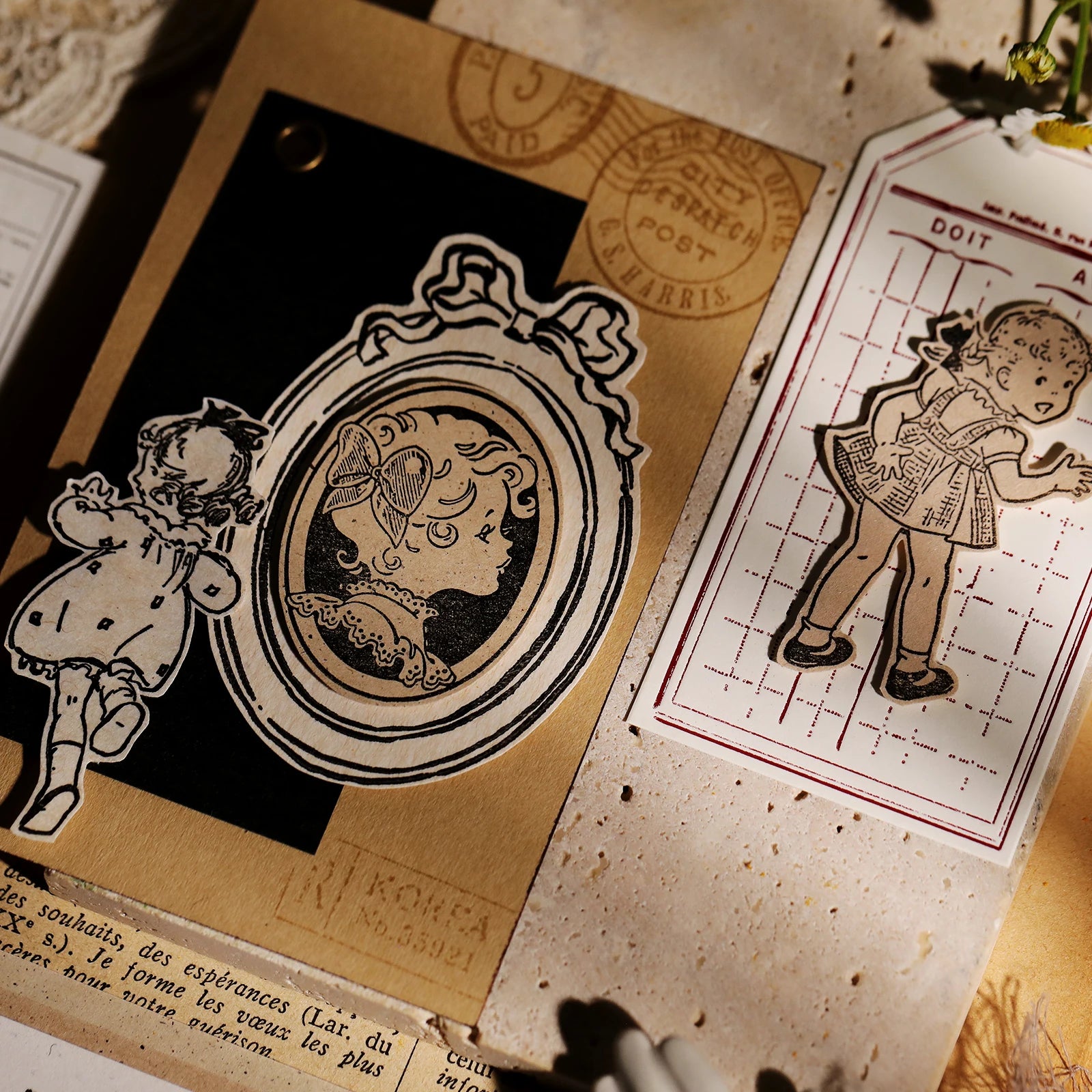 Vintage Flower & Bear Wooden Rubber Stamp – DIY Scrapbooking & Card Making