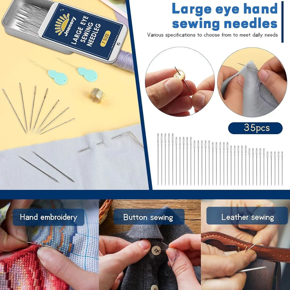 Large Eye Sewing Needles Kit – Hand Sewing Accessories Set with Threader & Thimble