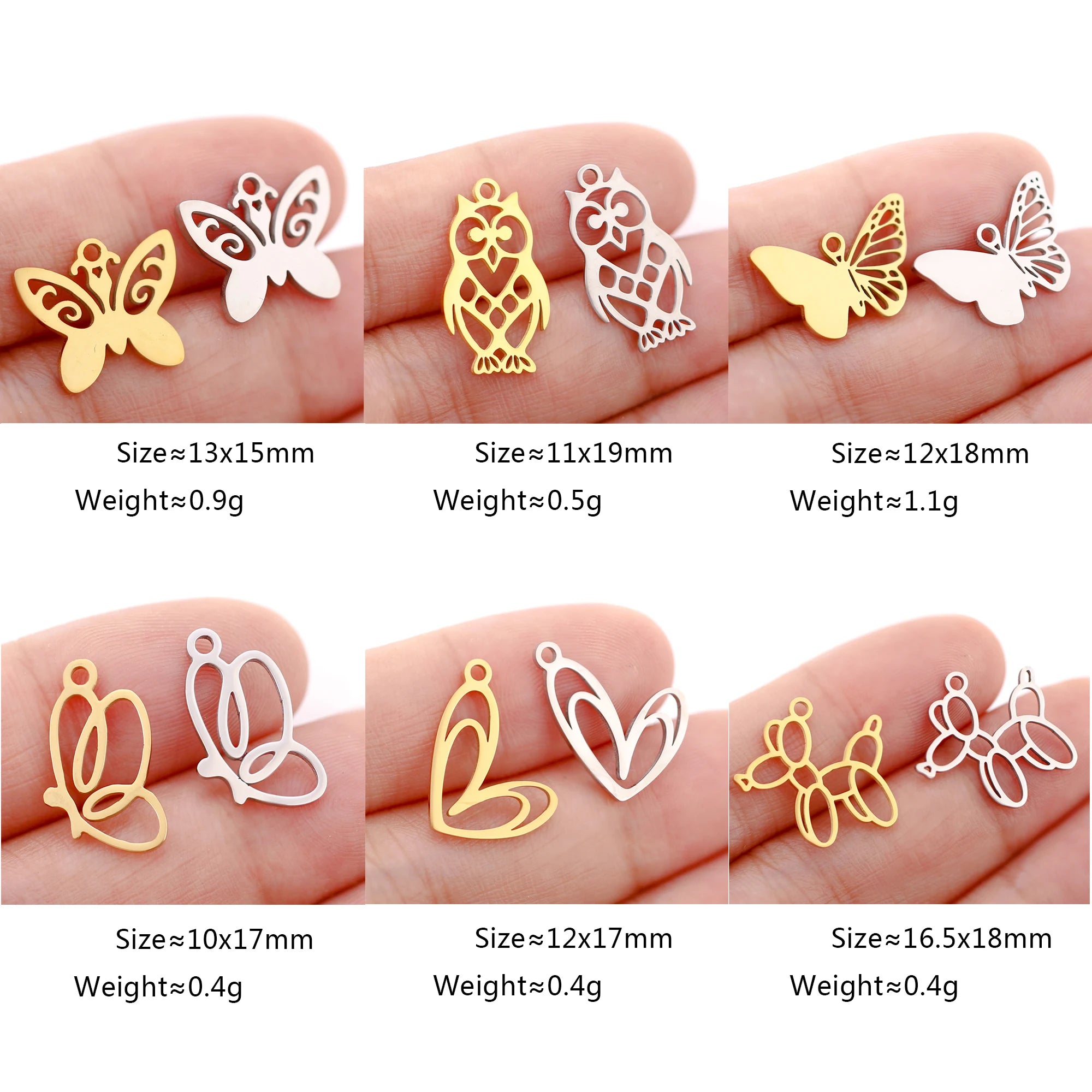 Mixed Animal Charms Set – Stainless Steel Bee, Butterfly, Owl & Heart Pendants (5PCS)