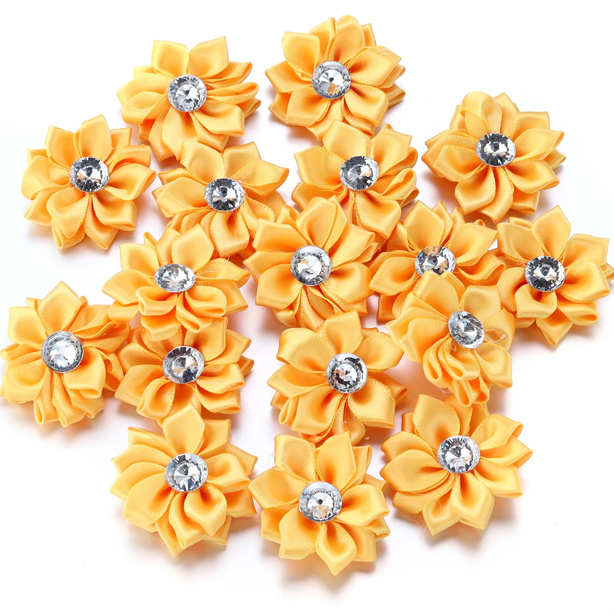 Mini Satin Ribbon Flowers with Rhinestones – 20pcs (40mm)