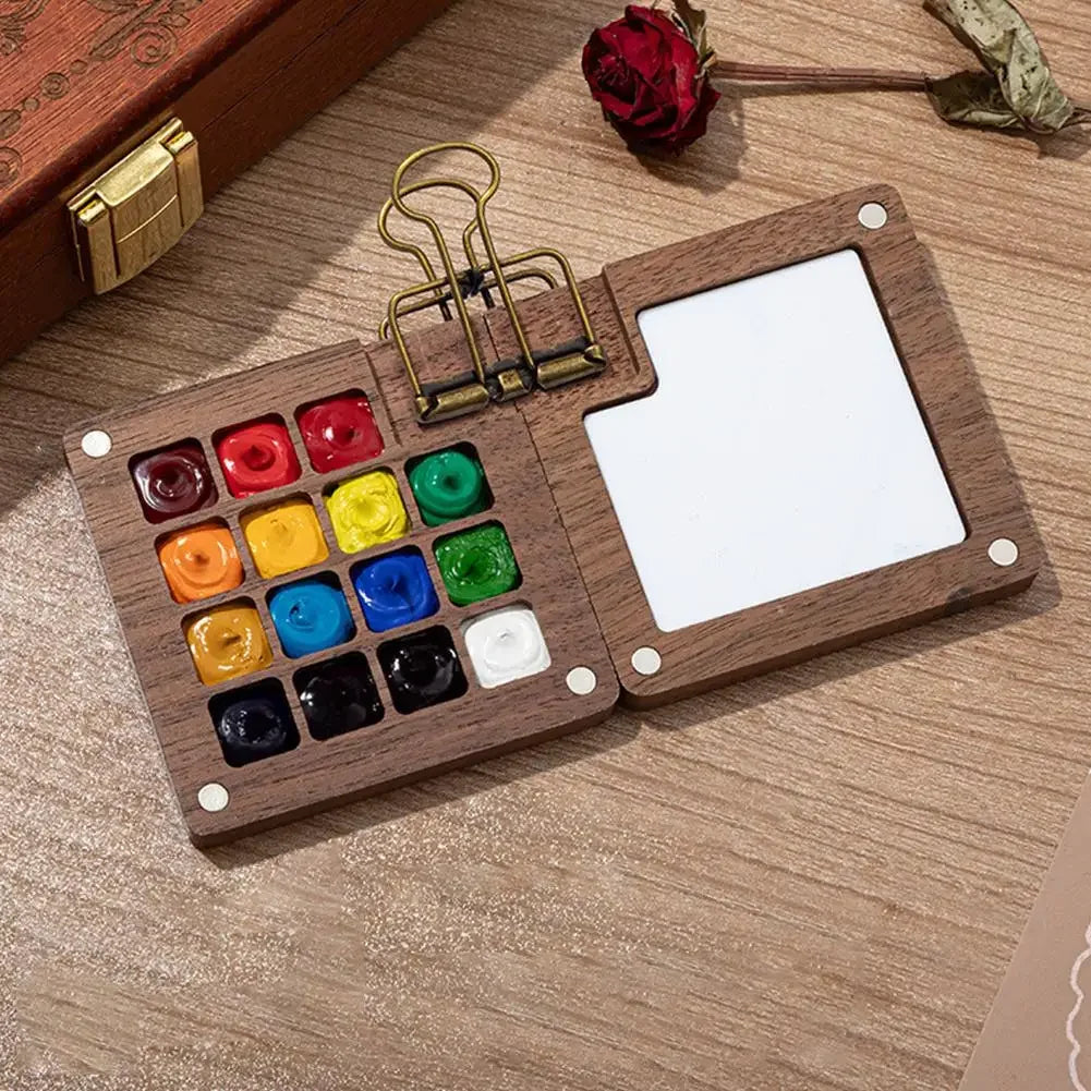 Mini Walnut Wood Watercolor Palette – 15 Grid