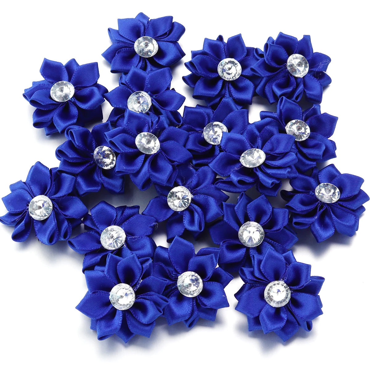 Mini Satin Ribbon Flowers with Rhinestones – 20pcs (40mm)