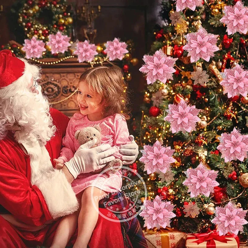 Glitter Poinsettia Flowers – 15CM Artificial Christmas Flower Ornaments (5/10PCS)