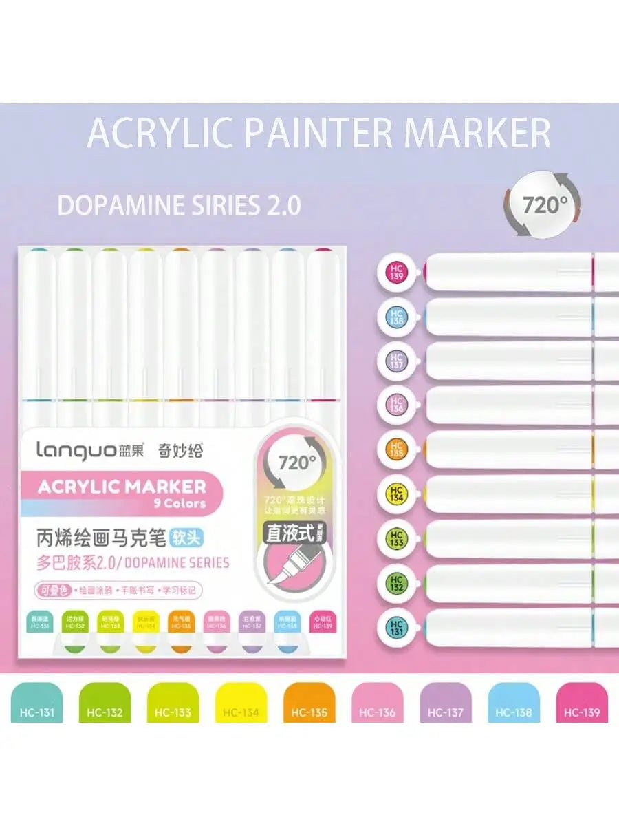 Acrylic Marker Pen Set – 9PCS Soft Brush DIY Paint Art Markers for Students