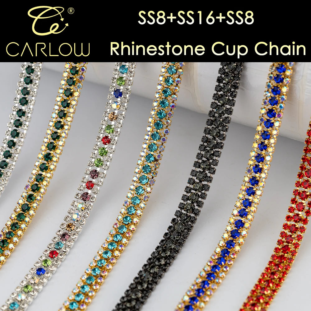 CARLOW AAAAA 3-Row Rhinestone Cup Chain – Gold Base