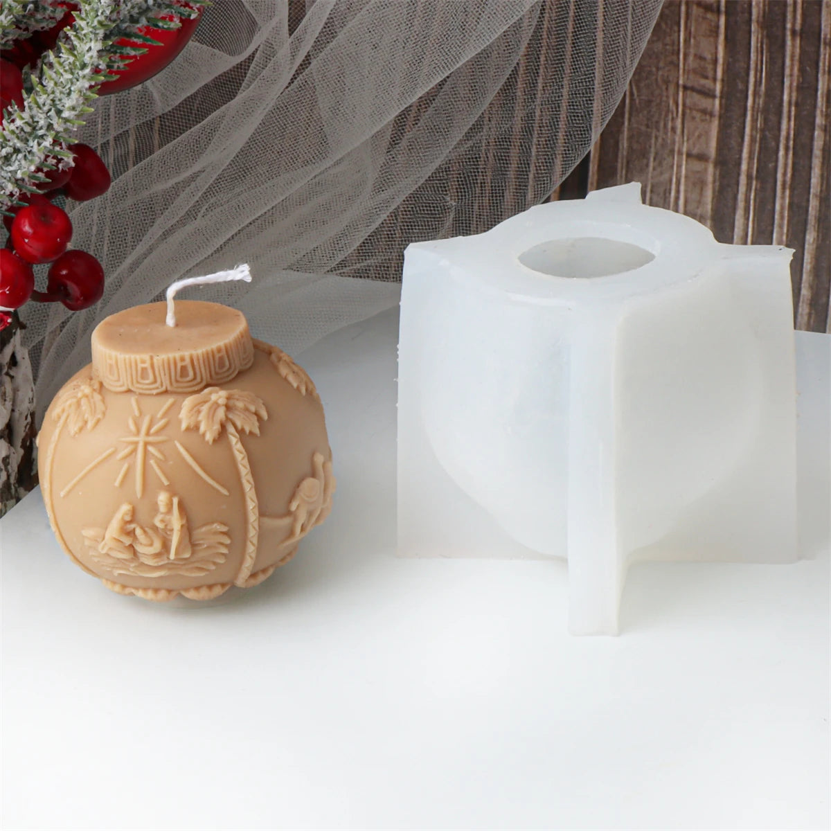 3D Christmas Ball Candle Mold – Silicone Embossed Lantern Mold for DIY Crafts