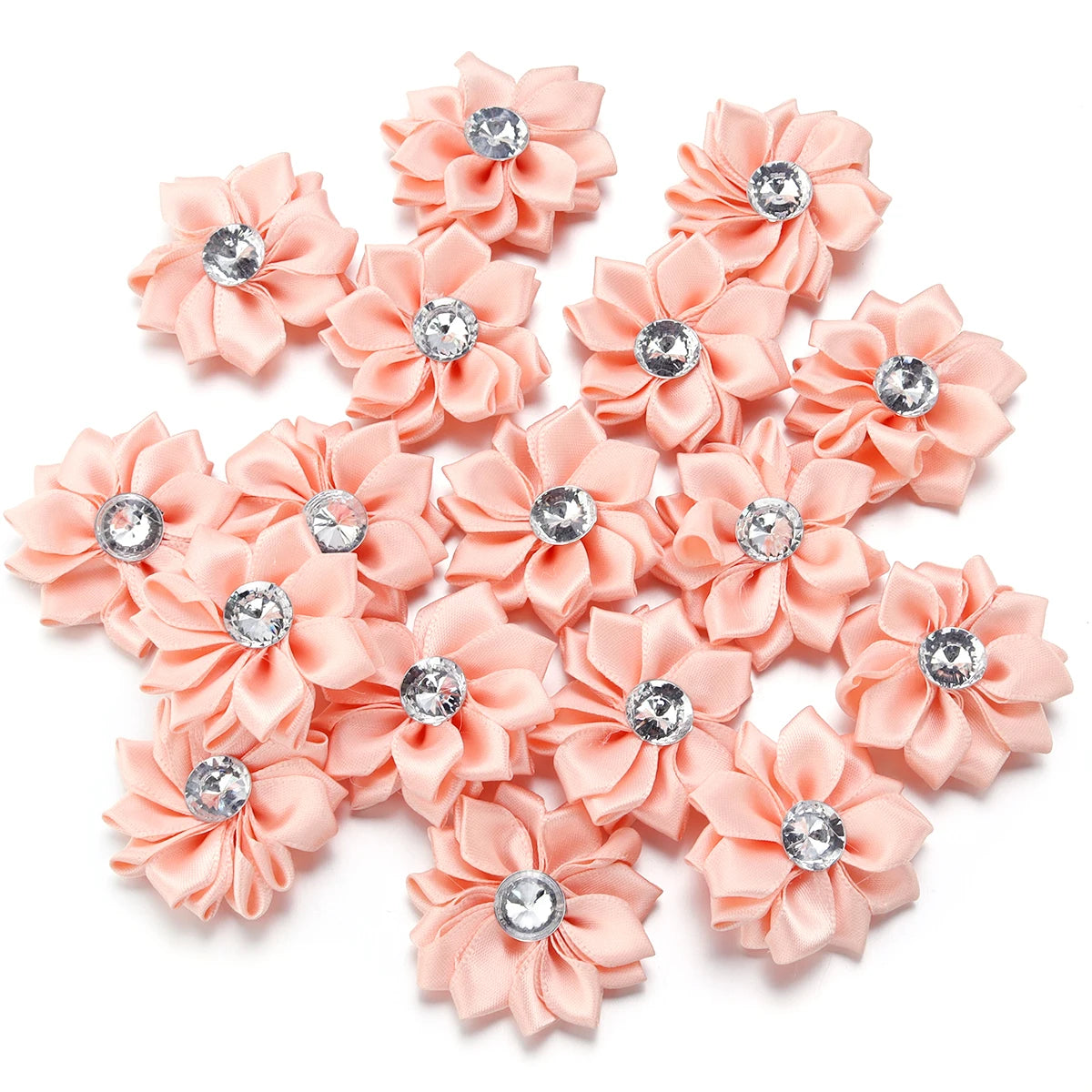 Mini Satin Ribbon Flowers with Rhinestones – 20pcs (40mm)