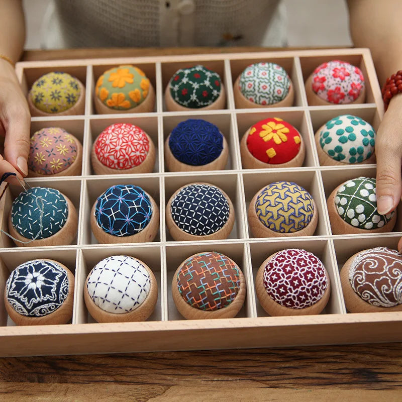 DIY Sashiko Pin Cushion with Wooden Base