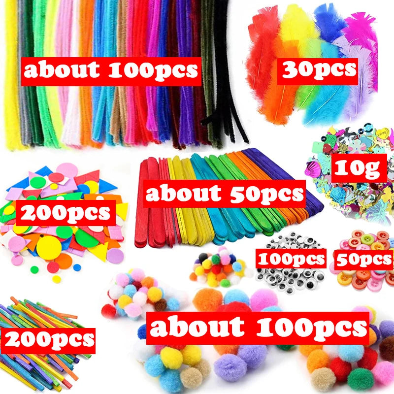 1000pcs Kids Craft Supplies Kit – Pipe Cleaners, Pompoms, Stickers, Feathers & Felt